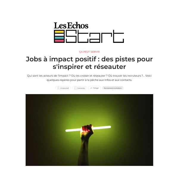 Les Echos Start parle de nous ! Après le succès des 4 premières éditions, le World Impact Summit, salon du développement durable, revient les 30 novembre et 1er décembre 2022, à Bordeaux, carrefour des routes terrestres, fluviales et maritimes. Cette année, pour la 5ème édition, nous réfléchirons autour de l’idée d’innovation : Innovations agricoles, technologiques, numériques, sociales ou d’usage : des échanges au sujet de la créativité, du renouveau, et du changement de paradigme !