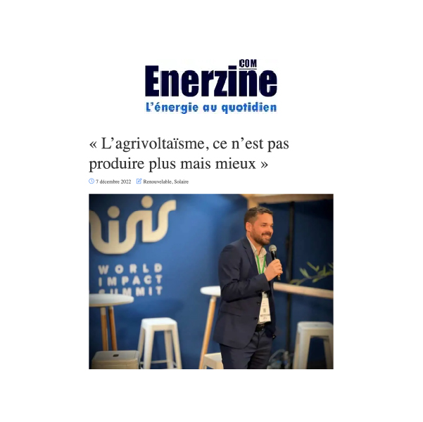 Vincent Vignon, directeur du développement GLHD, est intervenu la semaine dernière à la conférence de l’INES (photo) intitulée « L’agrivoltaïsme au défi de l’agriculture », au World Impact Summit pour expliquer « Comment aligner les 3 planètes de la transition agricole, énergétique & écologique avec l’agrivoltaïsme » et aujourd’hui aux Assises de la Fédération française des producteurs agrivoltaïques (FFPA) organisées à Auxerre.