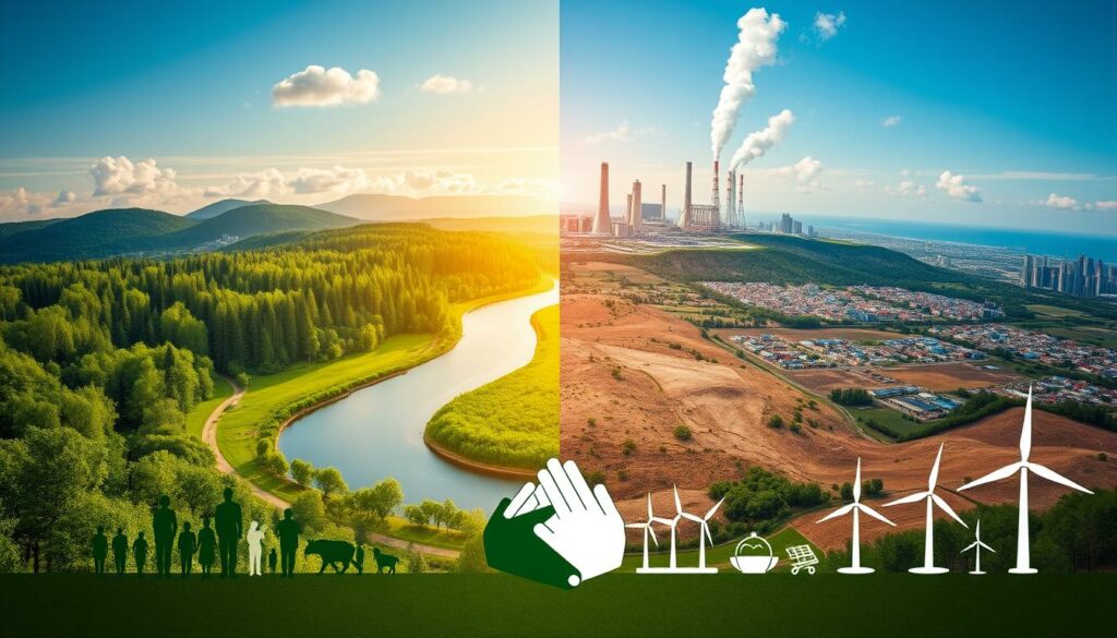 communication responsable impacts environnementaux sociaux: Un paysage serein divisé en deux parties : d'un côté, un environnement vert et prospère avec des forêts luxuriantes, des rivières propres et une faune diversifiée, de l'autre, des installations industrielles polluantes, des terres stériles et un étalement urbain. Au premier plan, des éléments symboliques tels que des mains reliées entre elles représentant la communauté et la collaboration, ainsi que des icônes d'énergie renouvelable telles que des panneaux solaires et des éoliennes. Le ton général est contrasté et met en évidence les effets positifs et négatifs d'une communication responsable sur les aspects environnementaux et sociaux.