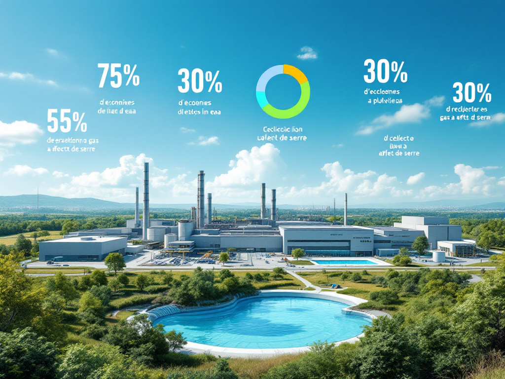 Une infographie visuelle montrant un site industriel français moderne avec des données clés flottant en arrière-plan. Le site est illustré avec des systèmes de collecte des eaux pluviales, des réservoirs d’eau connectés à des technologies IoT, et des capteurs représentés par des lumières bleues clignotantes. Un graphique circulaire, dans des nuances de bleu et mauve, affiche les économies d’eau prévues. Le paysage autour est verdoyant, avec des arbres et des montagnes, pour évoquer l’impact positif de ces efforts sur la résilience climatique.