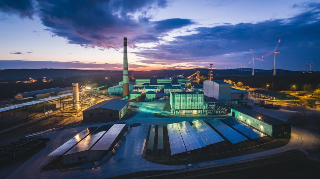 Transformation Industrielle : "Vue aérienne au crépuscule d'un site industriel en transition énergétique, où se mêlent anciennes structures et nouvelles installations vertes. Éclairage dramatique en tons bleus et mauves, avec des panneaux solaires réfléchissant la lumière et des éoliennes en mouvement