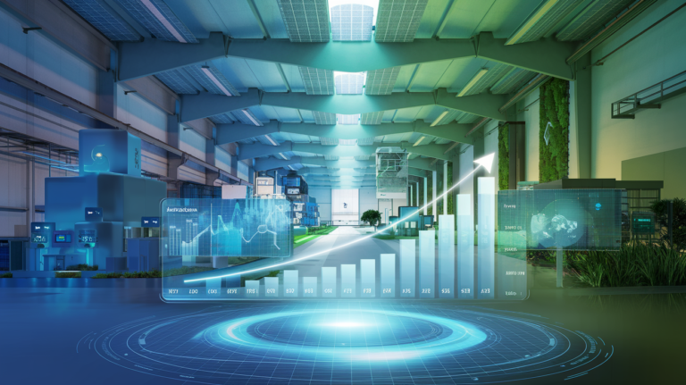 Créez une illustration professionnelle montrant une usine moderne intégrant des solutions de résilience climatique, avec des panneaux solaires sur le toit, des murs végétalisés et des systèmes de récupération d'eau. En premier plan, un graphique holographique flottant montre l'évolution des investissements en résilience climatique. L'image doit transmettre un message d'innovation et de transformation industrielle, avec une palette de couleurs dominée par les bleus et les verts. Inclure des détails technologiques comme des capteurs intelligents et des écrans de monitoring environnemental.